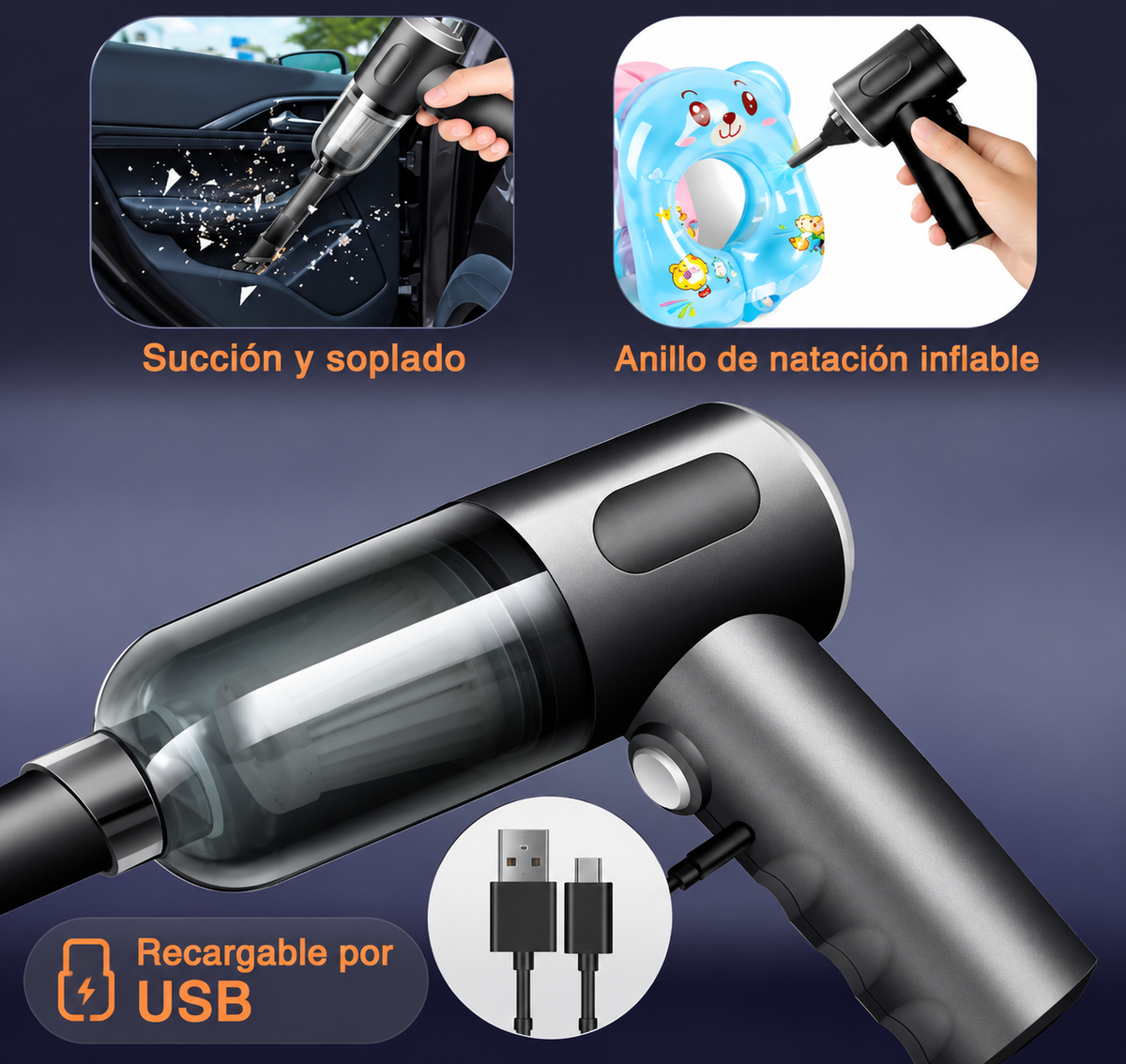 Aspiradora Portátil Turbo 2 en 1: Aspira y Sopla